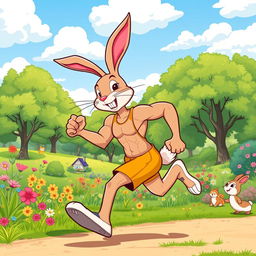 A cartoon-style illustration of a fit rabbit, showcasing its toned muscles and athletic physique