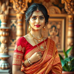 A beautiful and traditional Indian woman dressed in a vibrant, intricately designed saree, showcasing rich fabrics and detailed embroidery