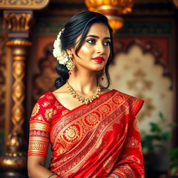A beautiful and traditional Indian woman dressed in a vibrant, intricately designed saree, showcasing rich fabrics and detailed embroidery