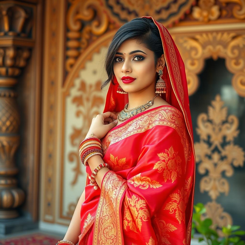A beautiful and traditional Indian woman dressed in a vibrant, intricately designed saree, showcasing rich fabrics and detailed embroidery