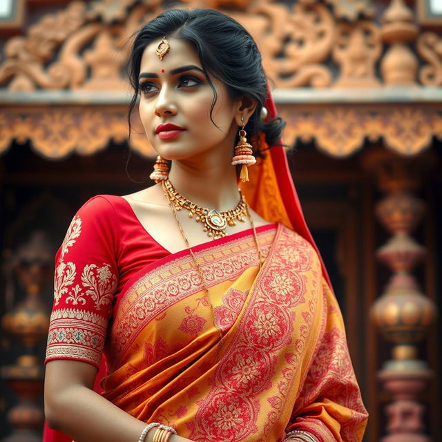 A beautiful and traditional Indian woman dressed in a vibrant, intricately designed saree, showcasing rich fabrics and detailed embroidery