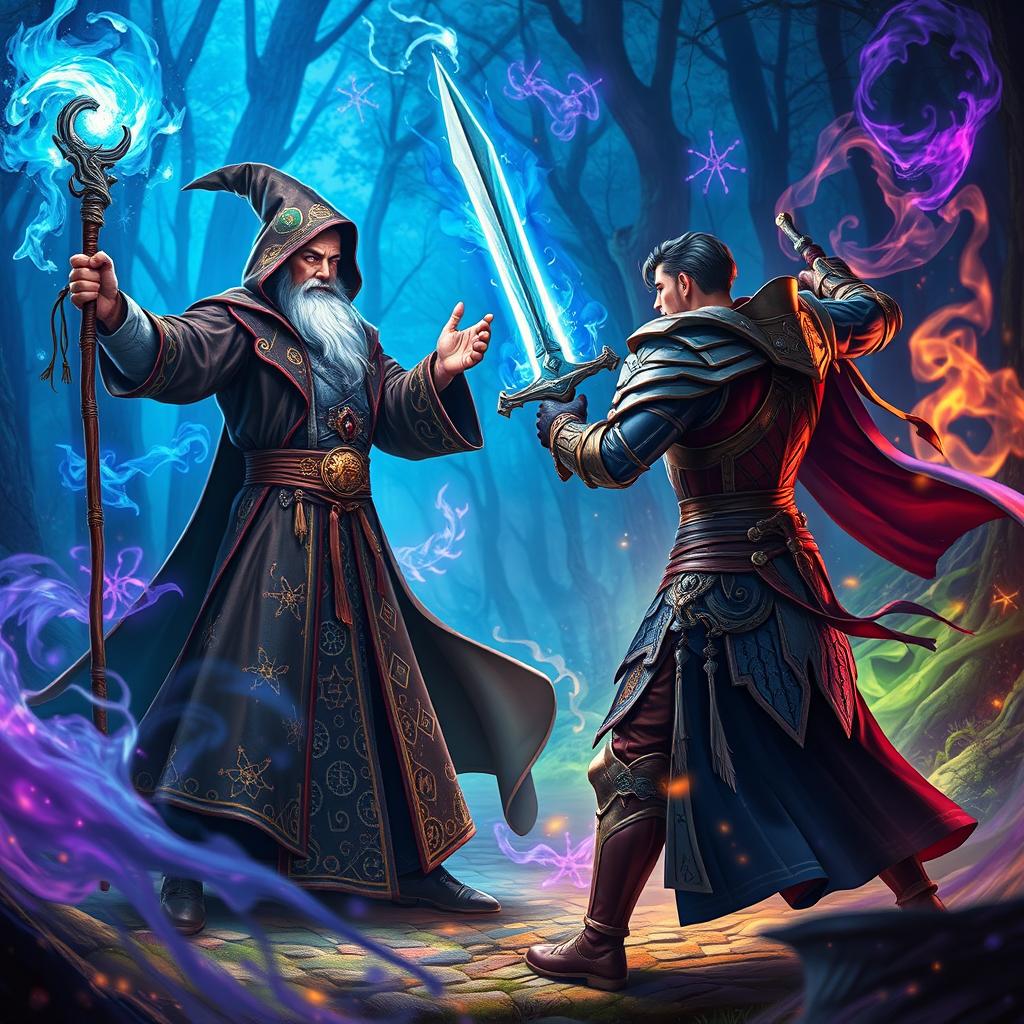 A dynamic and captivating portrayal of a magical duel between a confident sorcerer and a heroic figure