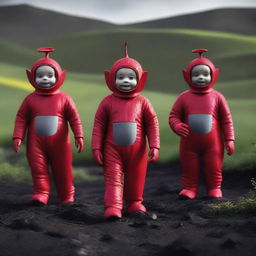 A set of high-quality digital art images from a dark and gritty live-action remake of Teletubbies