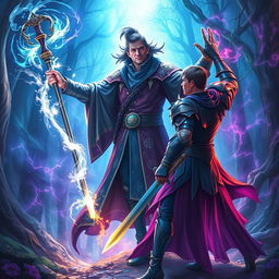A dynamic and captivating portrayal of a magical duel between a confident sorcerer and a heroic figure