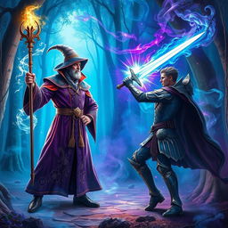 A dynamic and captivating portrayal of a magical duel between a confident sorcerer and a heroic figure