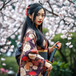 A beautiful Asian Japanese woman elegantly dressed in a traditional kimono adorned with intricate floral patterns