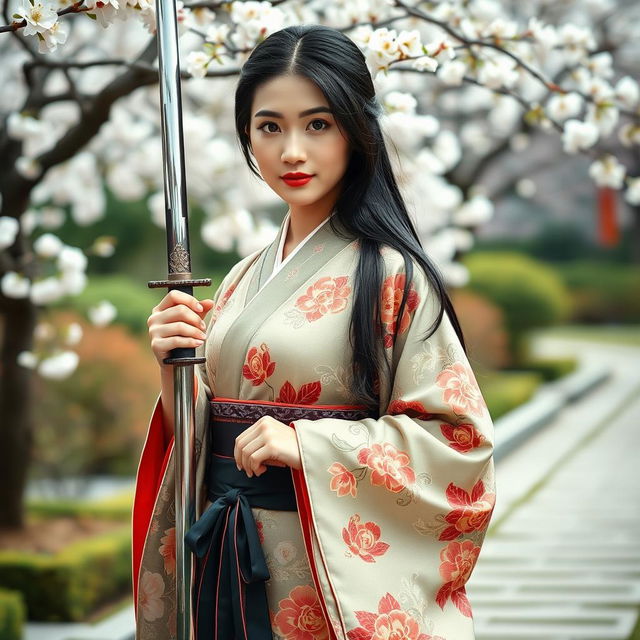 A beautiful Asian Japanese woman elegantly dressed in a traditional kimono adorned with intricate floral patterns