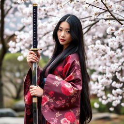 A beautiful Asian Japanese woman elegantly dressed in a traditional kimono adorned with intricate floral patterns
