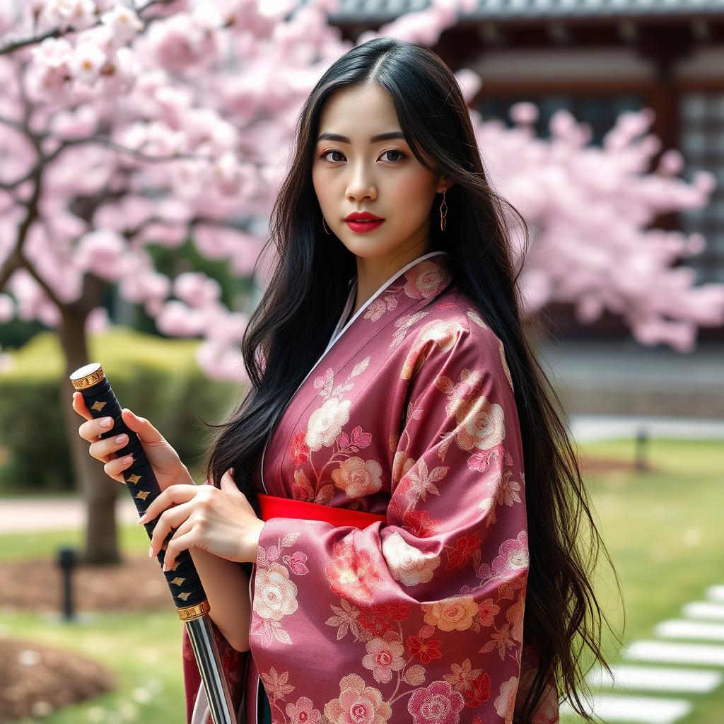 A beautiful Asian Japanese woman elegantly dressed in a traditional kimono adorned with intricate floral patterns