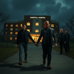 A dramatic scene depicting a group of tough-looking men in dark clothing lurking in the shadows outside a hospital, watching a couple who are obliviously walking hand in hand in the foreground