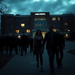 A dramatic scene depicting a group of tough-looking men in dark clothing lurking in the shadows outside a hospital, watching a couple who are obliviously walking hand in hand in the foreground