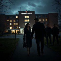 A dramatic scene depicting a group of tough-looking men in dark clothing lurking in the shadows outside a hospital, watching a couple who are obliviously walking hand in hand in the foreground