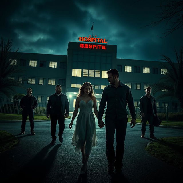 A dramatic scene depicting a group of tough-looking men in dark clothing lurking in the shadows outside a hospital, watching a couple who are obliviously walking hand in hand in the foreground