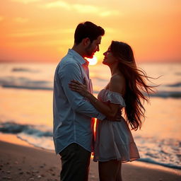 A romantic couple embraced in a warm sunset glow, standing close together on a beach, with gentle waves lapping at their feet