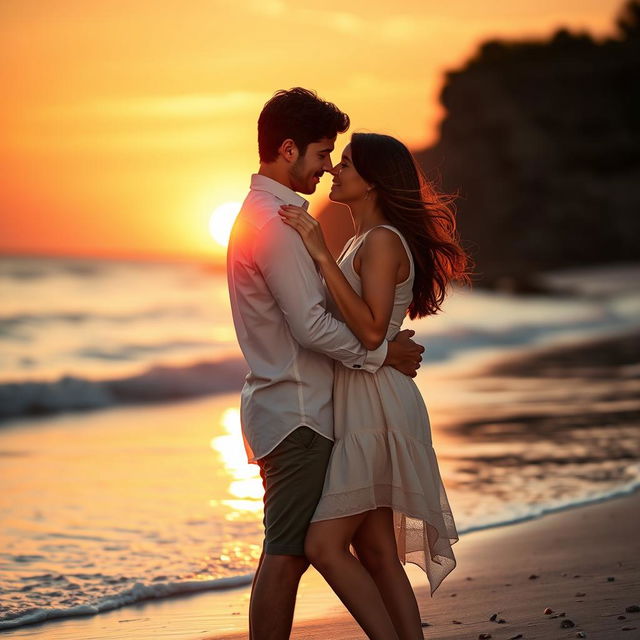 A romantic couple embraced in a warm sunset glow, standing close together on a beach, with gentle waves lapping at their feet