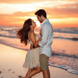 A romantic couple embraced in a warm sunset glow, standing close together on a beach, with gentle waves lapping at their feet
