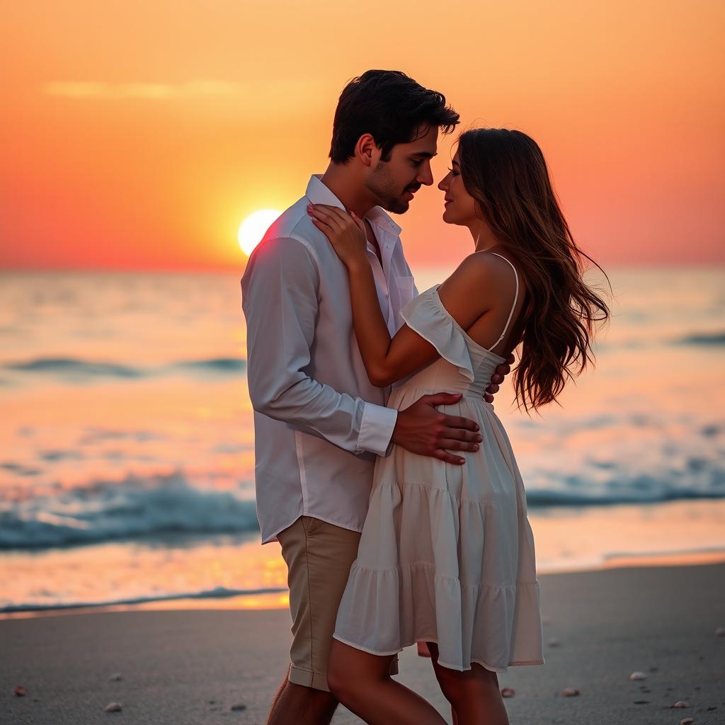 A romantic couple embraced in a warm sunset glow, standing close together on a beach, with gentle waves lapping at their feet