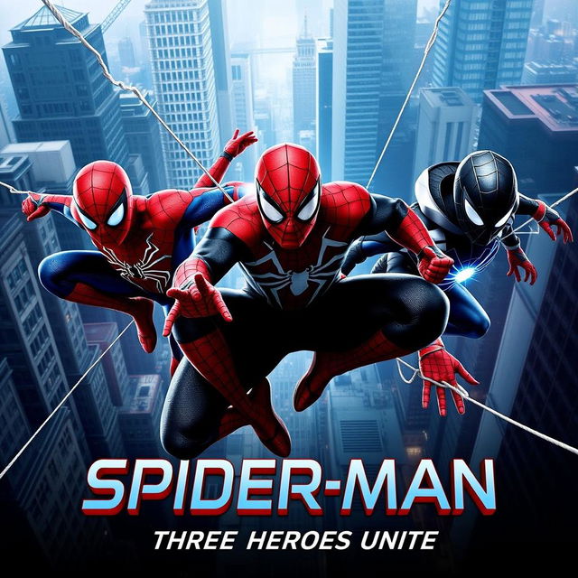 An eye-catching movie poster for the new release titled 'Spider-Man: Three Heroes Unite', featuring three distinct Spider-Men