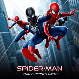 An eye-catching movie poster for the new release titled 'Spider-Man: Three Heroes Unite', featuring three distinct Spider-Men