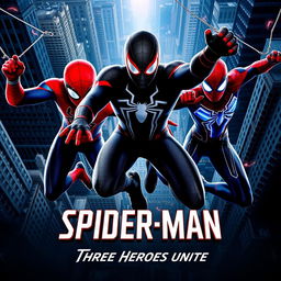 An eye-catching movie poster for the new release titled 'Spider-Man: Three Heroes Unite', featuring three distinct Spider-Men