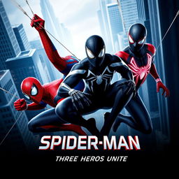 An eye-catching movie poster for the new release titled 'Spider-Man: Three Heroes Unite', featuring three distinct Spider-Men