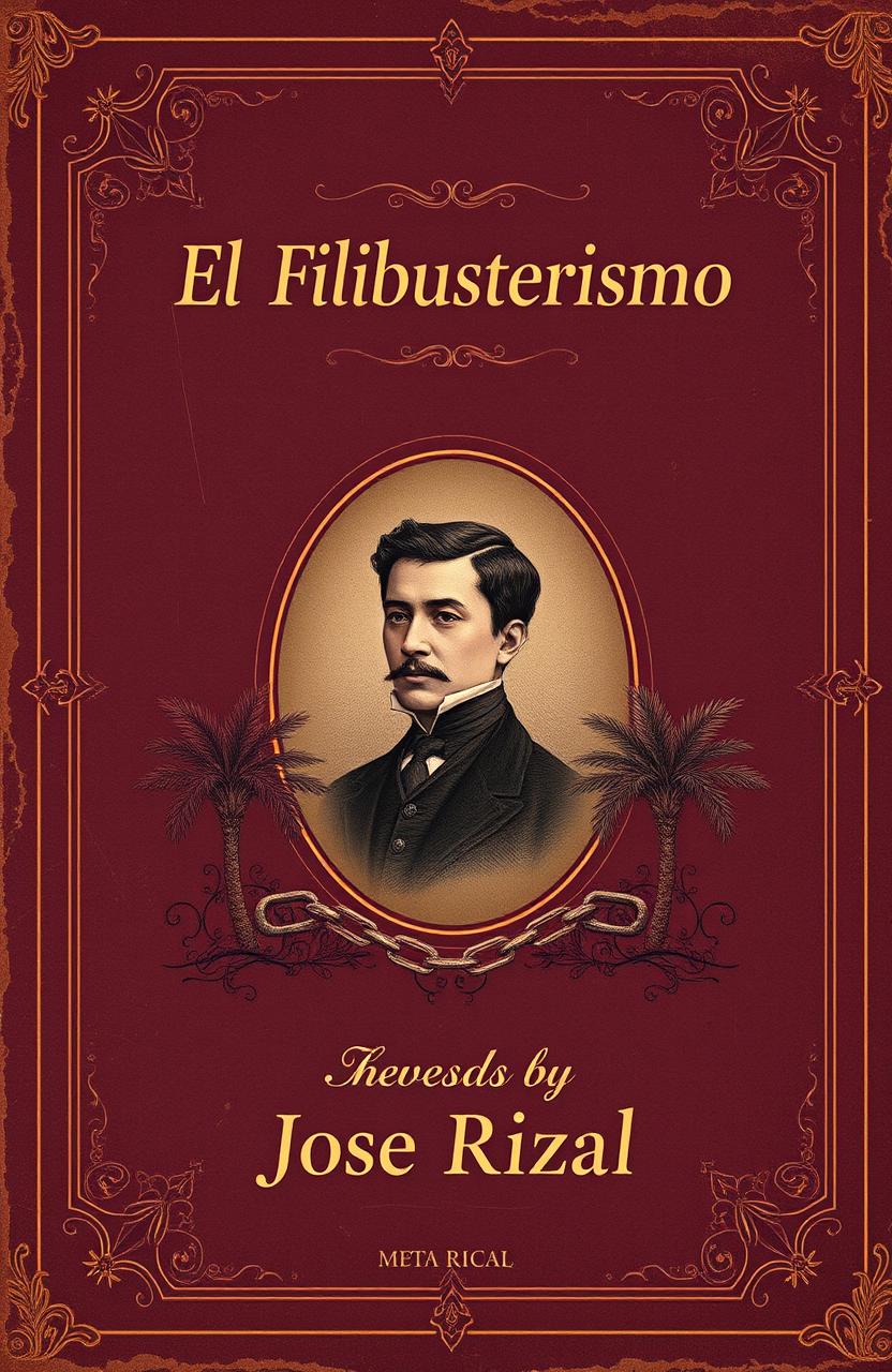 Create a vintage book cover for 'El Filibusterismo' by Jose Rizal that embodies the essence of 19th-century literature