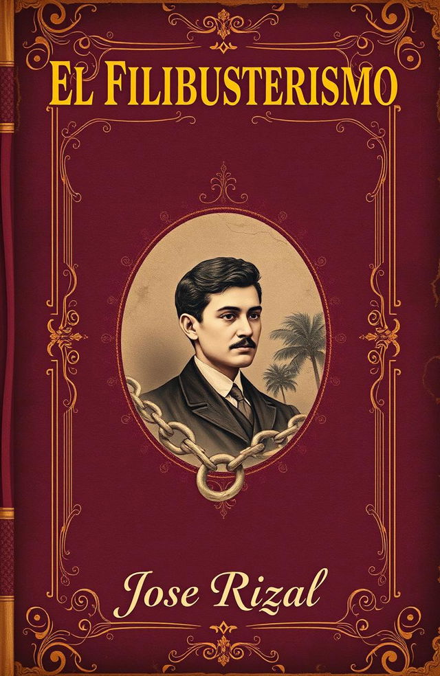 Create a vintage book cover for 'El Filibusterismo' by Jose Rizal that embodies the essence of 19th-century literature