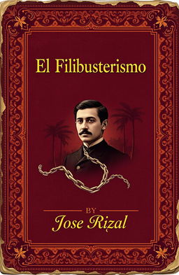 Create a vintage book cover for 'El Filibusterismo' by Jose Rizal that embodies the essence of 19th-century literature