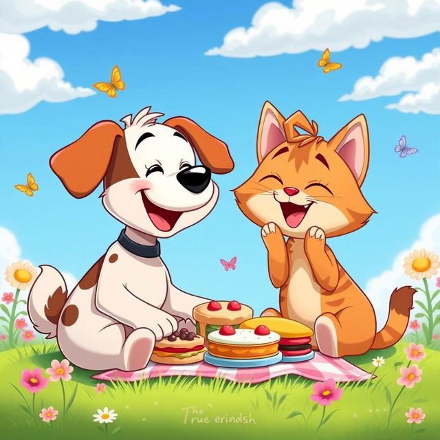 A vibrant and colorful cartoon-style animated image depicting true friendship