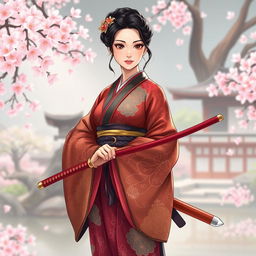 An art illustration of a graceful Asian Japanese woman in a beautifully designed kimono, featuring intricate patterns and vibrant colors