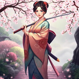 An art illustration of a graceful Asian Japanese woman in a beautifully designed kimono, featuring intricate patterns and vibrant colors