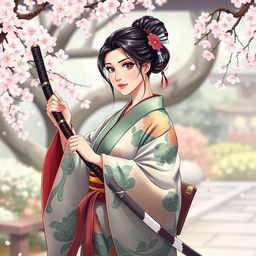 An art illustration of a graceful Asian Japanese woman in a beautifully designed kimono, featuring intricate patterns and vibrant colors