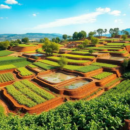 A vibrant agricultural landscape showcasing innovative structures for land and water conservation