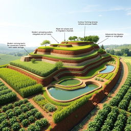 A vibrant agricultural landscape showcasing innovative structures for land and water conservation