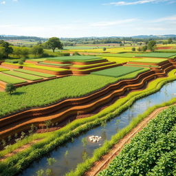 A vibrant agricultural landscape showcasing innovative structures for land and water conservation