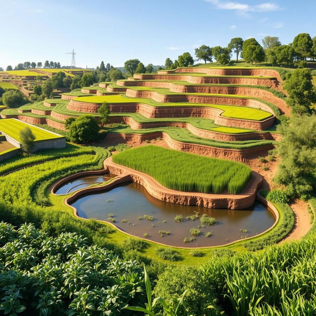 A vibrant agricultural landscape showcasing innovative structures for land and water conservation