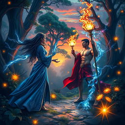 In a vibrant, mystical forest, two powerful sorcerers stand facing each other, ready for an epic magical duel