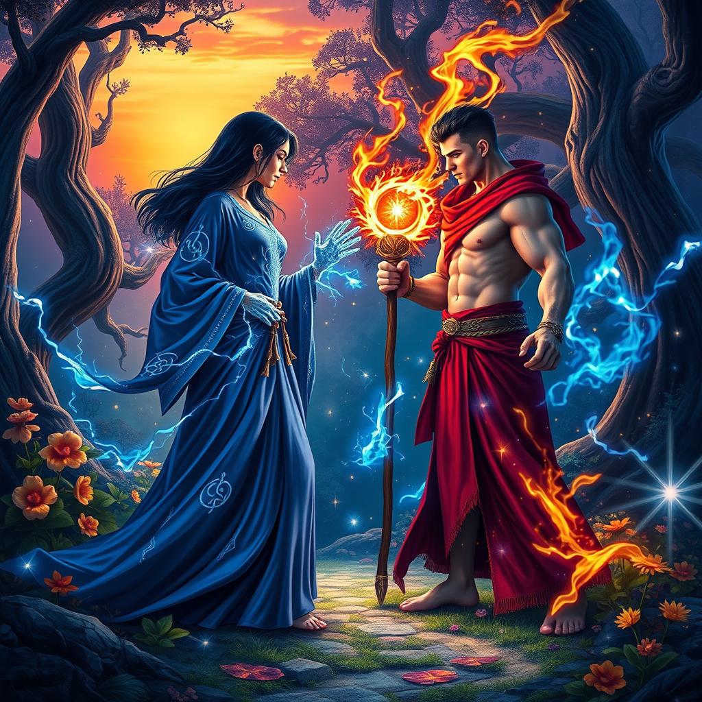 In a vibrant, mystical forest, two powerful sorcerers stand facing each other, ready for an epic magical duel