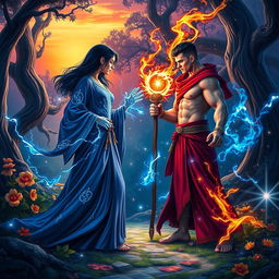 In a vibrant, mystical forest, two powerful sorcerers stand facing each other, ready for an epic magical duel