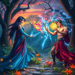In a vibrant, mystical forest, two powerful sorcerers stand facing each other, ready for an epic magical duel