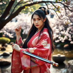 An elegant Asian Japanese woman dressed in a beautifully detailed kimono with vibrant patterns, gracefully holding a traditional katana