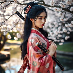 An elegant Asian Japanese woman dressed in a beautifully detailed kimono with vibrant patterns, gracefully holding a traditional katana