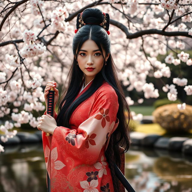 An elegant Asian Japanese woman dressed in a beautifully detailed kimono with vibrant patterns, gracefully holding a traditional katana