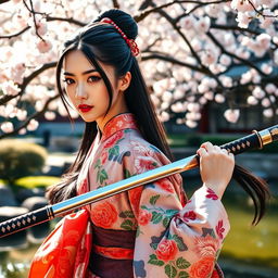 An elegant Asian Japanese woman dressed in a beautifully detailed kimono with vibrant patterns, gracefully holding a traditional katana