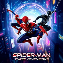 An exhilarating movie poster for the new release titled 'Spider-Man: Three Dimensions', showcasing three distinct Spider-Men from different universes
