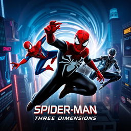 An exhilarating movie poster for the new release titled 'Spider-Man: Three Dimensions', showcasing three distinct Spider-Men from different universes