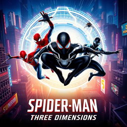An exhilarating movie poster for the new release titled 'Spider-Man: Three Dimensions', showcasing three distinct Spider-Men from different universes