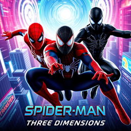 An exhilarating movie poster for the new release titled 'Spider-Man: Three Dimensions', showcasing three distinct Spider-Men from different universes