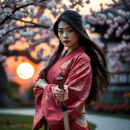 An elegant Japanese woman wearing a traditional kimono with intricate floral patterns, standing confidently while holding a katana