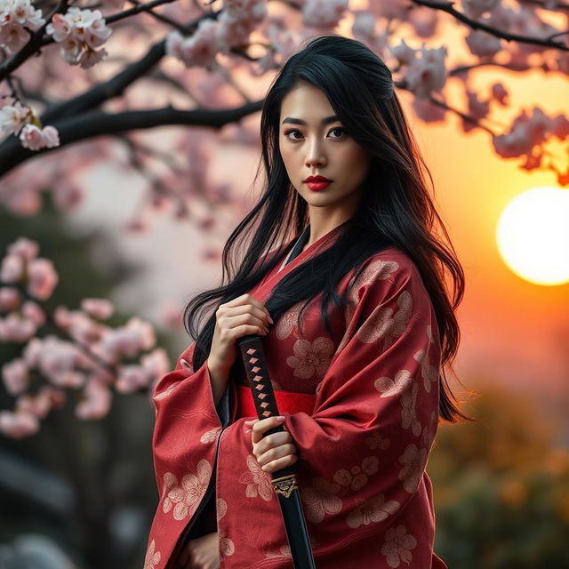 An elegant Japanese woman wearing a traditional kimono with intricate floral patterns, standing confidently while holding a katana